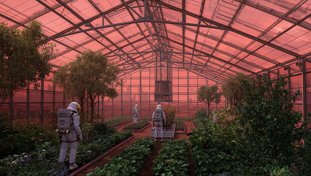 Astronauts tending Mars greenhouse with raised beds, hydroponics and automated hoist