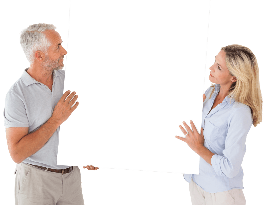 Happy Mature Couple Holding Large Blank Transparent Poster
