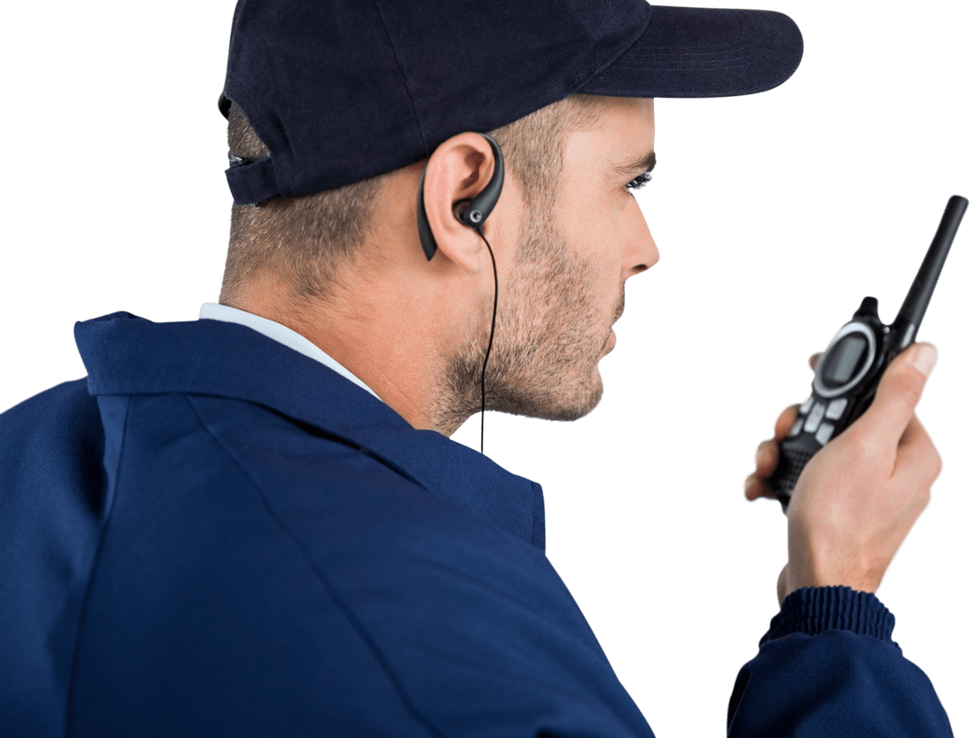 Transparent Close-Up View of Security Officer with Walkie Talkie