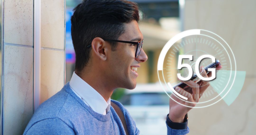 Smiling Man Using Smartphone with 5G Technology Interface