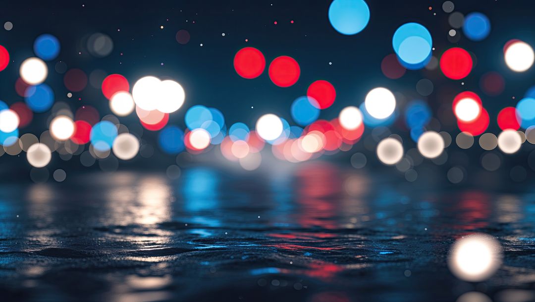 Urban Night Lights Reflecting on Wet Pavement with Bokeh Effect