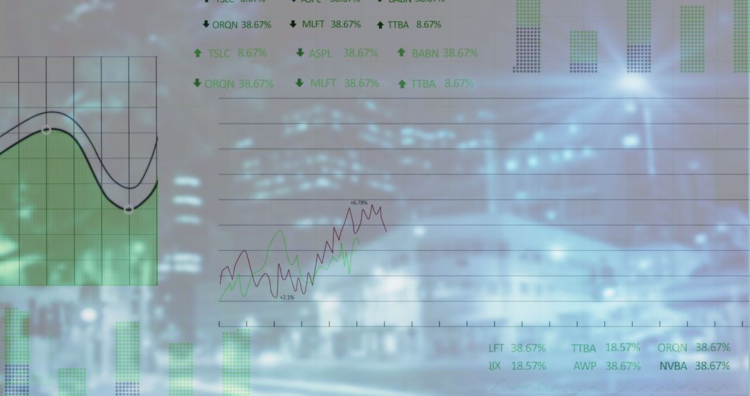 Digital Interface Depicting Business Data and Cityscape