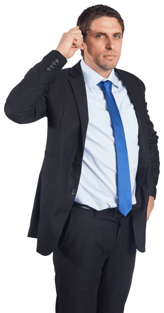 Serious Businessman in Suit Scratching Head on Transparent Background
