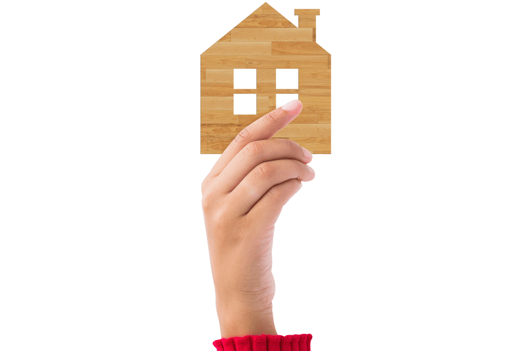 Hand Holding Small Wooden House on Transparent Background