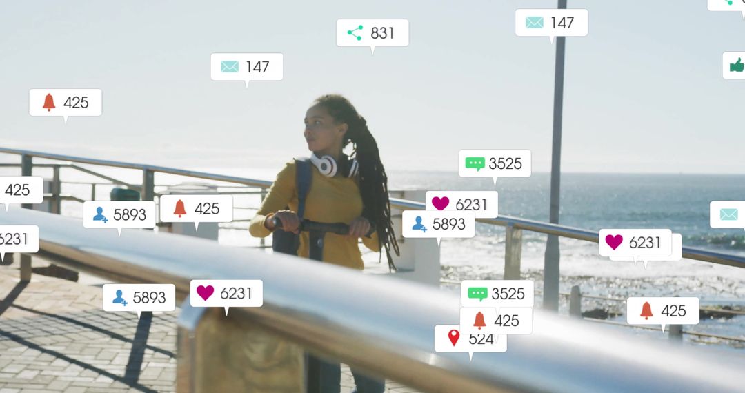 Woman Engaged with Social Notifications on Seaside Walk