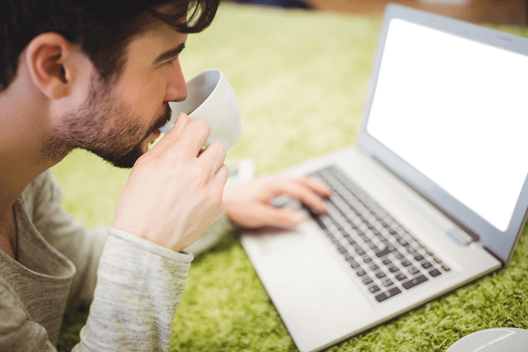 Transparent Relaxed Man Drinking Coffee Using Laptop Outdoors