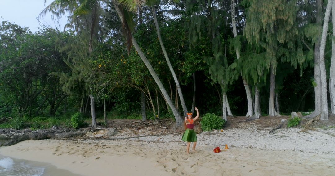 Hula Dancer Performing On Sandy Beach With Palm Trees - Free Images, Stock Photos and Pictures on Pikwizard.com