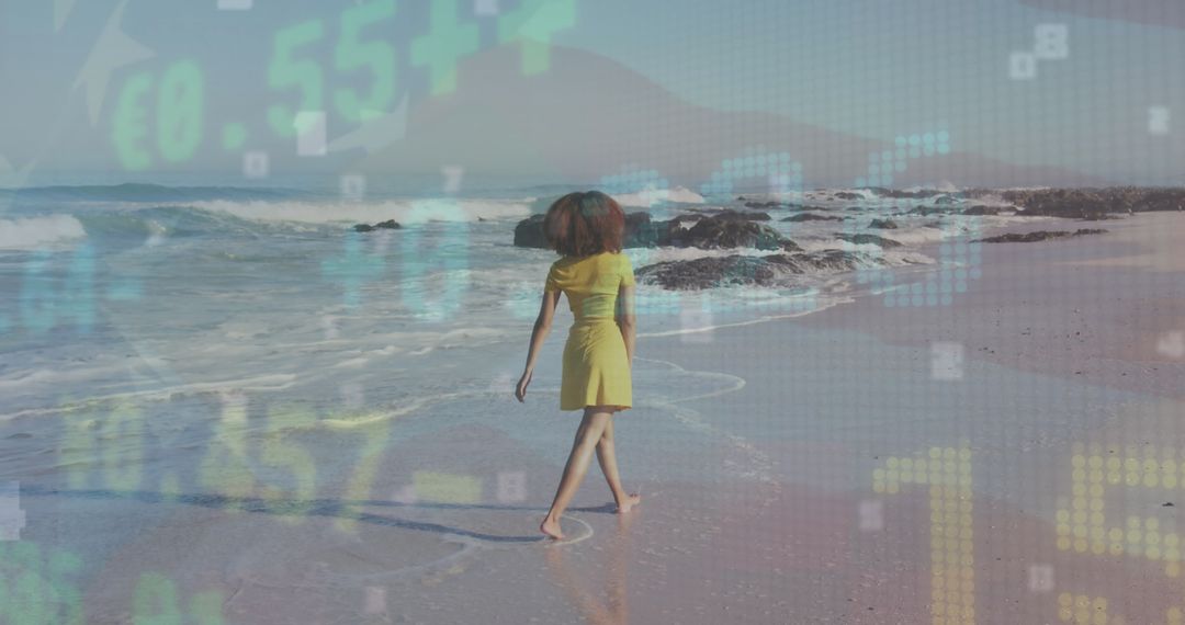 Digital Financial Data Overlay on Woman Walking Beach