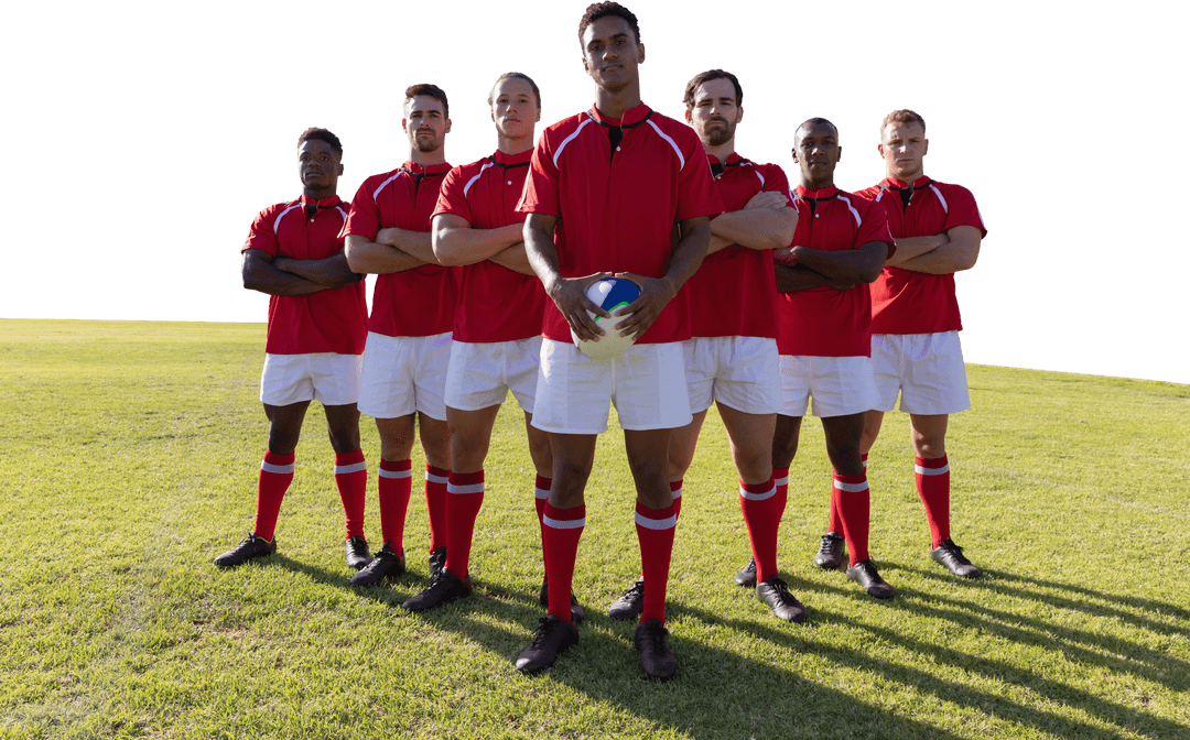 Diverse Male Rugby Team Posing with Ball on Clear Field