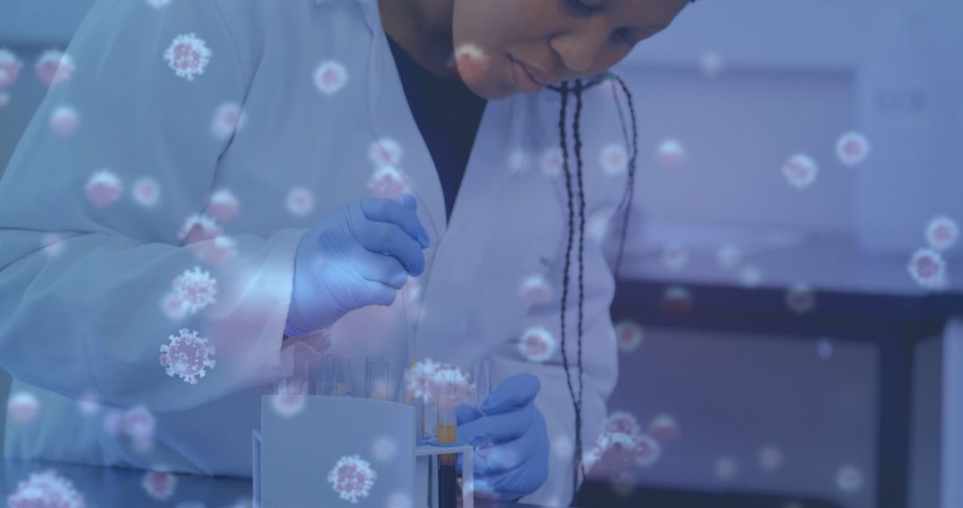 Female Scientist Analyzing Samples with Virus Visuals
