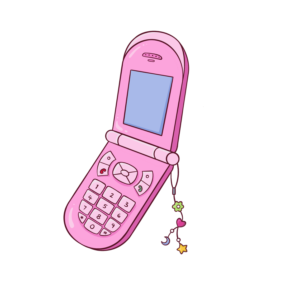 Cartoon Pink Flip Phone with Dangling Charms on Transparent Background