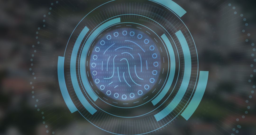 Holographic Fingerprint Biometrics with HUD Over Cityscape