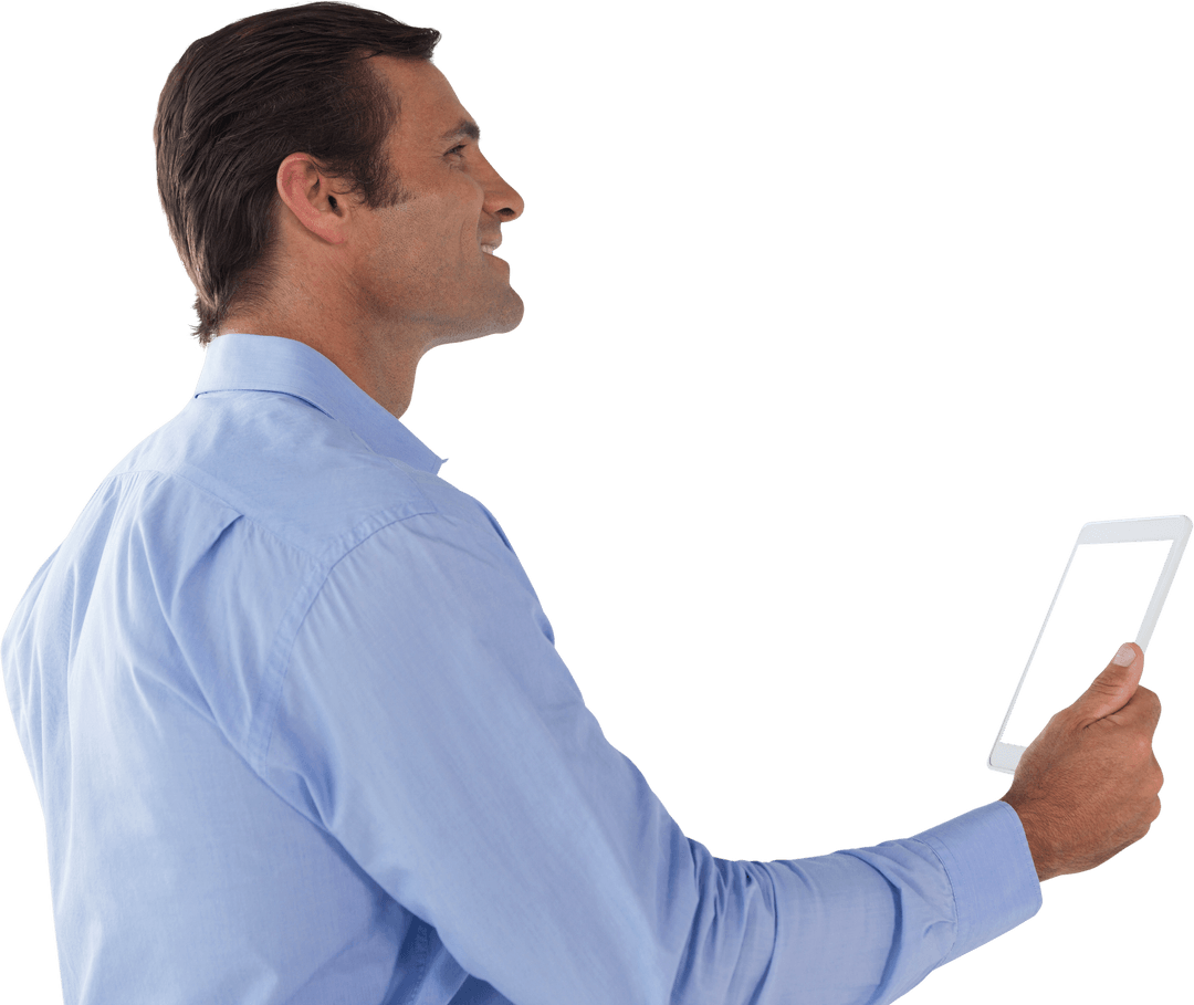 Transparent Businessman Using Digital Tablet Isolated on White Background