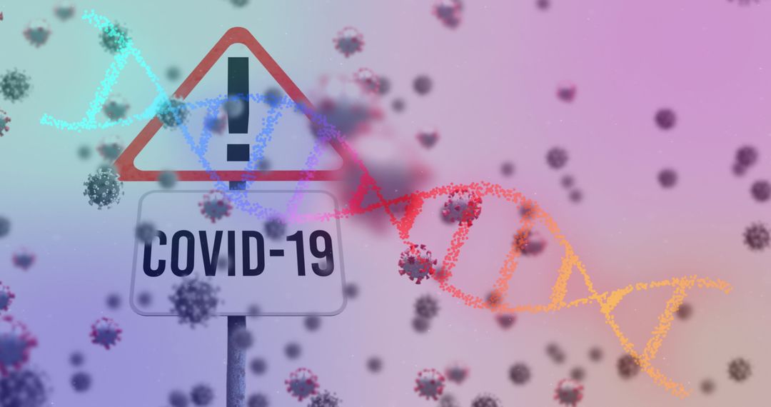 COVID-19 Warning Sign overlay with DNA and Virus Particles