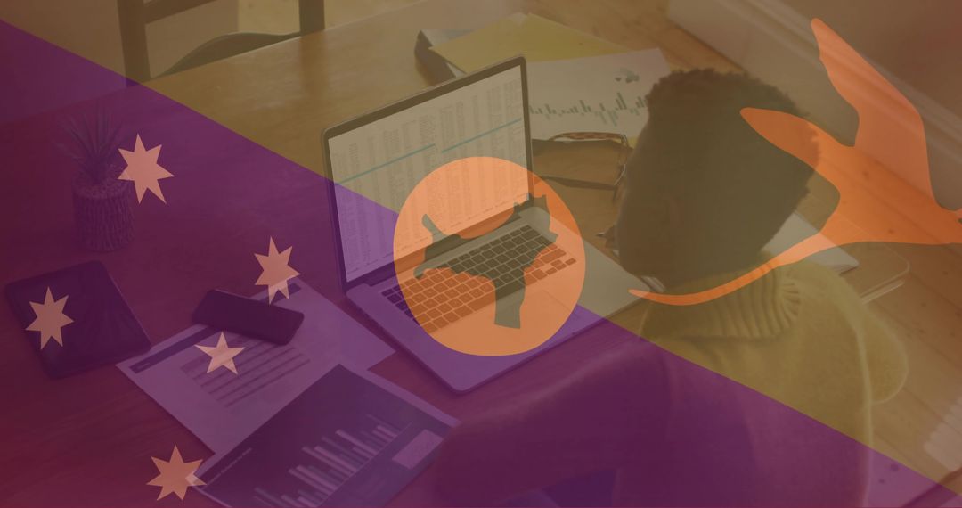 Working remotely with Australian kangaroo overlay analyzing laptop spreadsheet at home desk