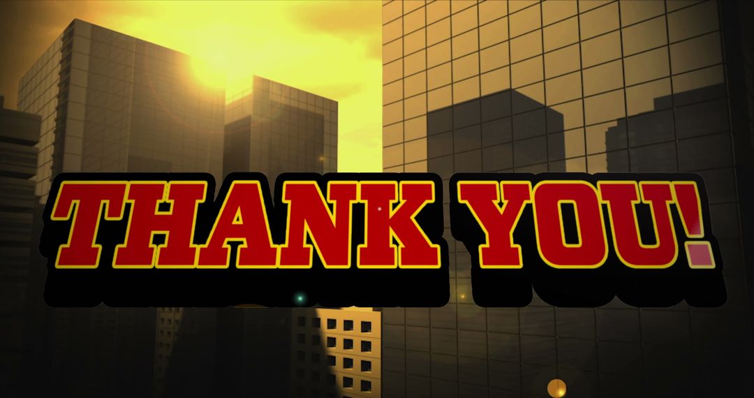 Bold Thank You Text Over Digital Cityscape at Sunset