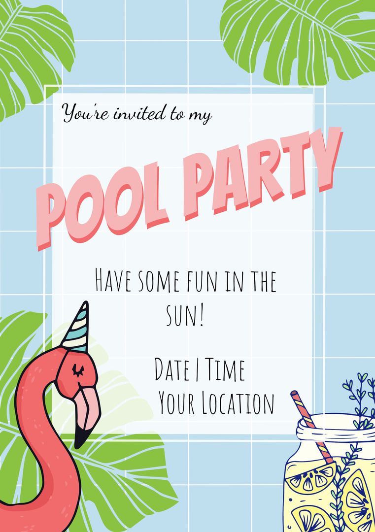 Whimsical Pool Party Invitation Design with Flamingo and Lemonade