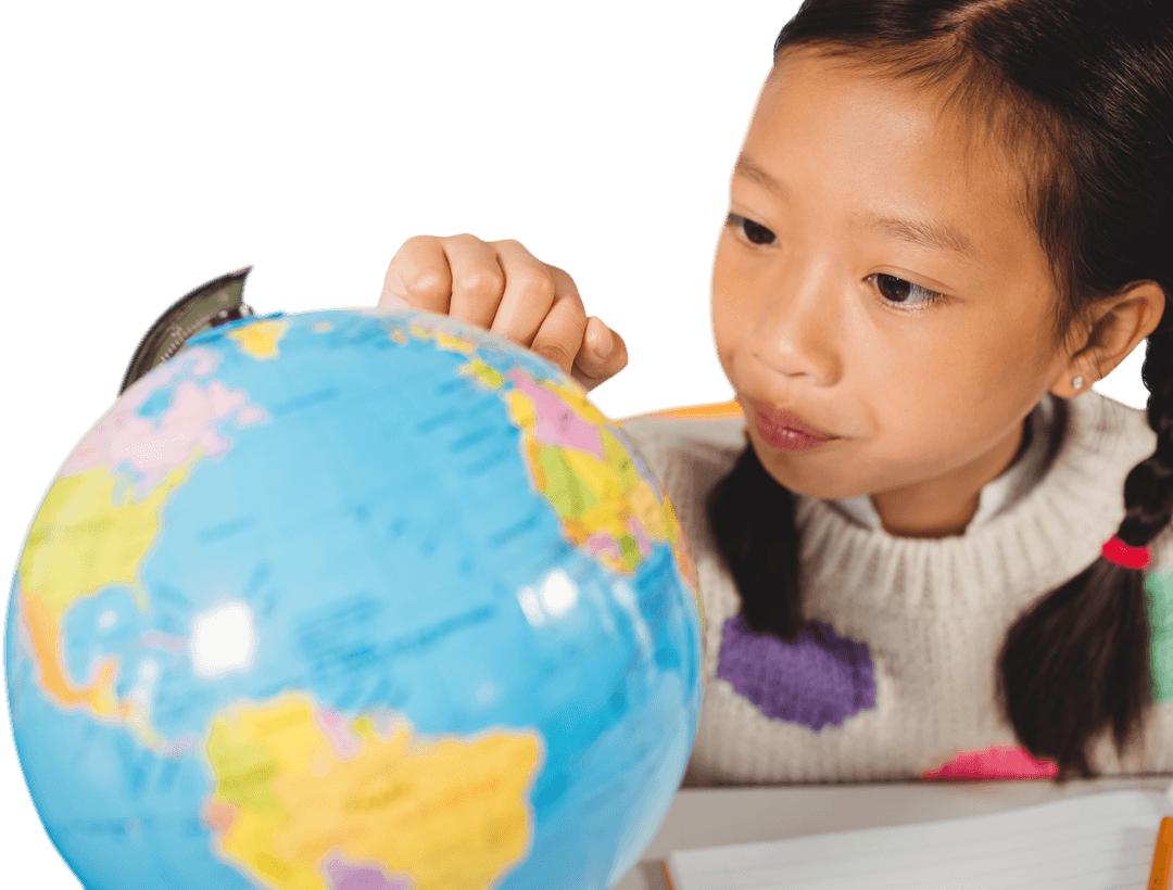 Curious Student Examining Colorful Globe with Focus and Curiosity
