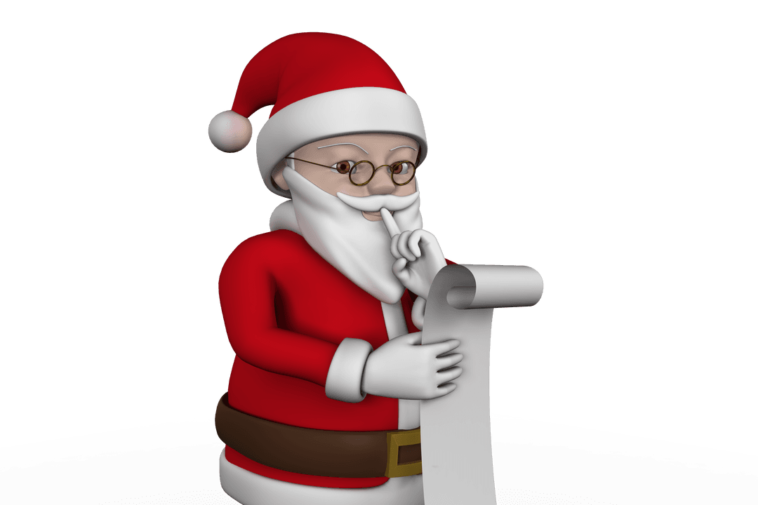 3D Santa Claus Holding List on Transparent Background