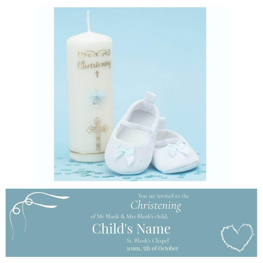 Christening Invitation Template with Baby Shoes and Candle