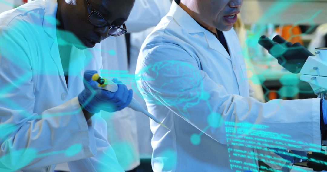 Diverse Scientists Conducting Research with Digital Interface Overlay