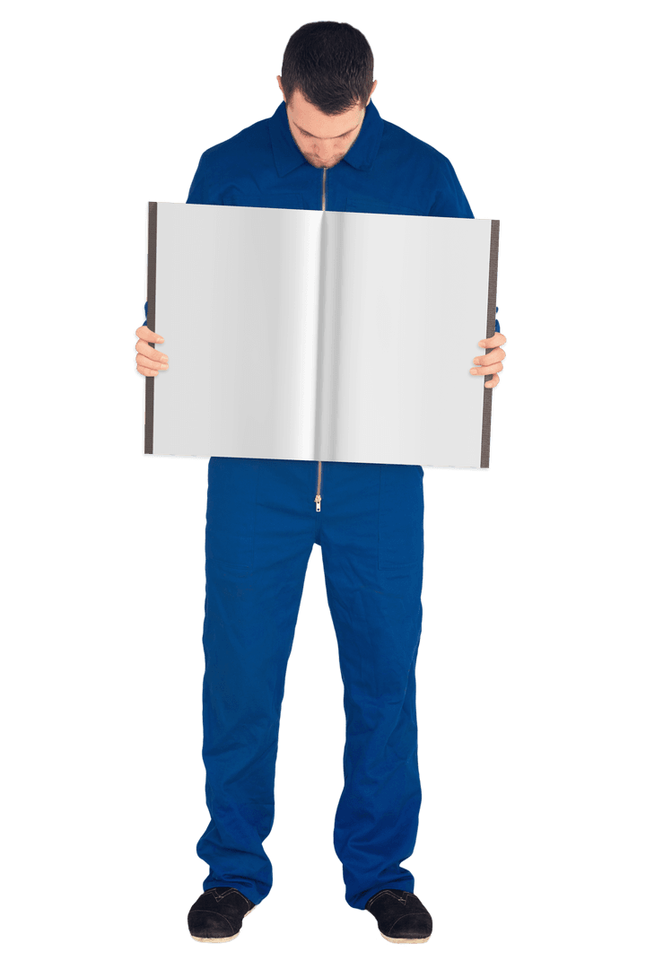 Caucasian Man Holding Blank Book with Copy Space on Transparent Background