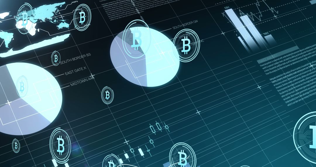 Digital display of bitcoin overlaid with data graphs
