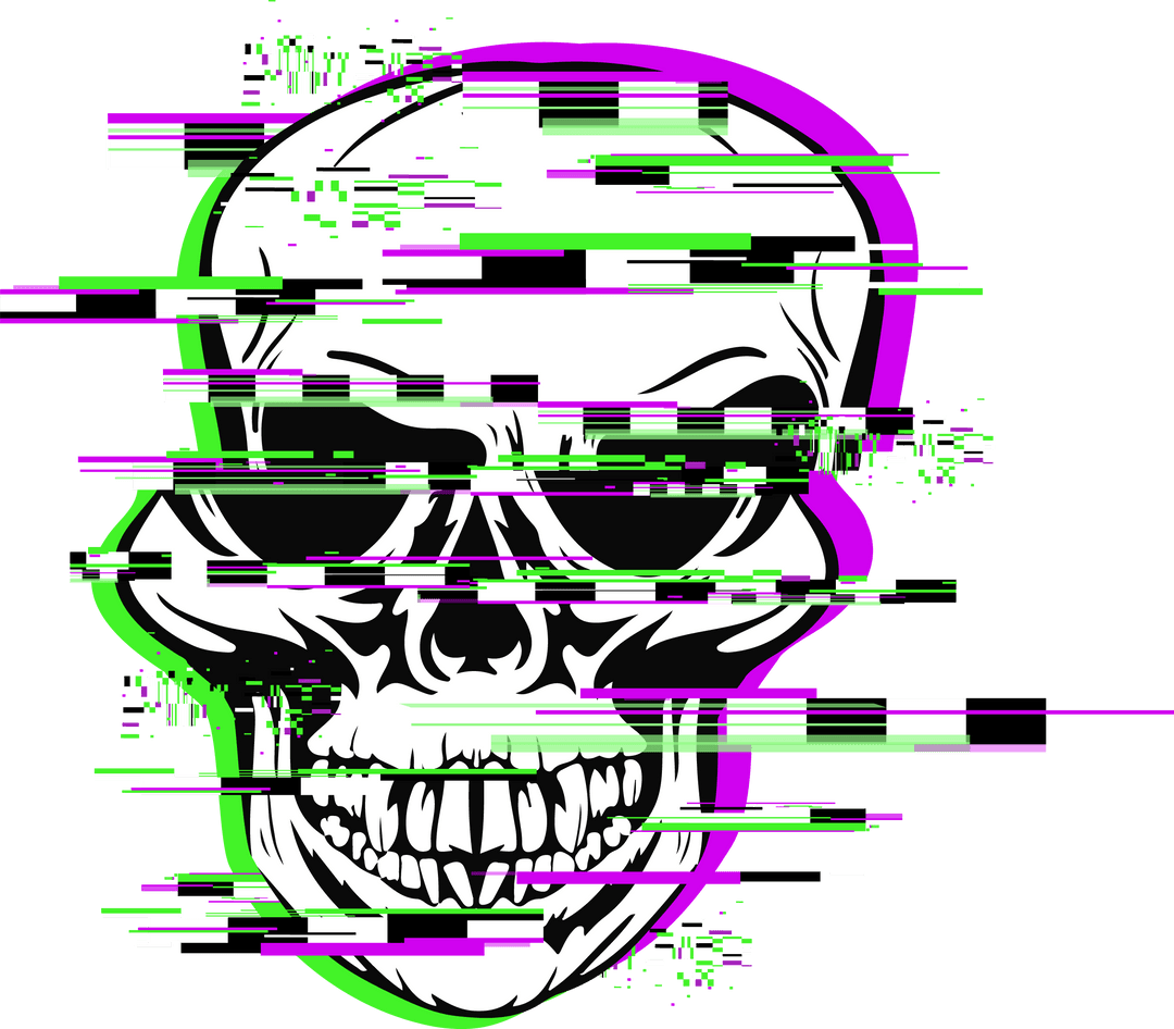 Glitching Neon Skull on Transparent Background with Futuristic Design
