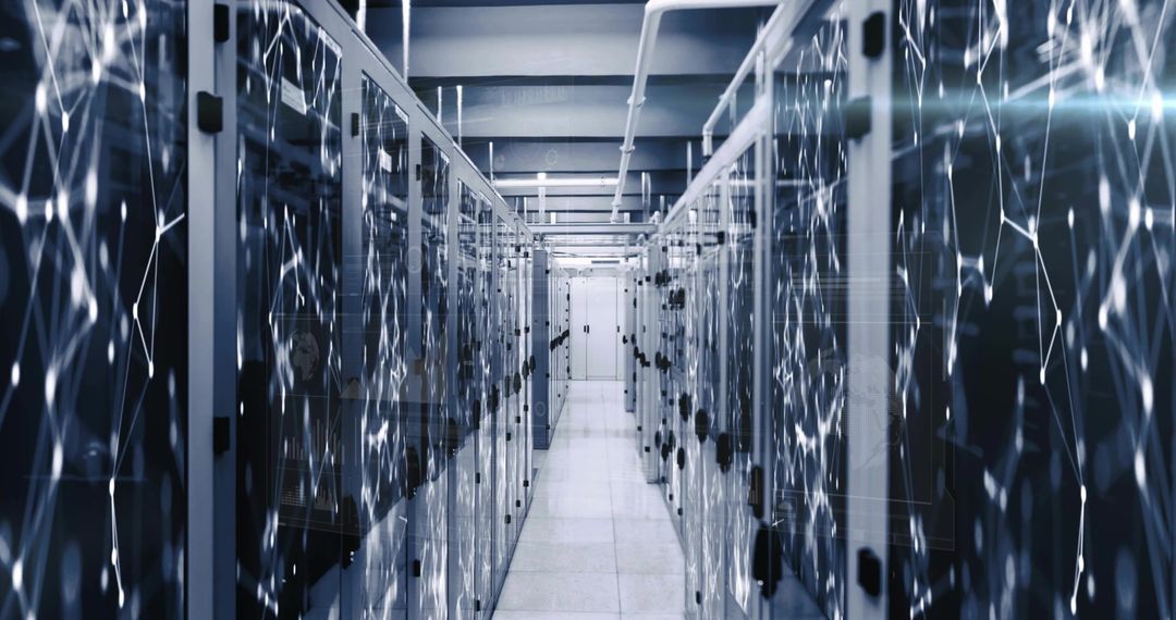 Glowing Server Racks Creating Futuristic Network Corridor with LED Indicators and Cables