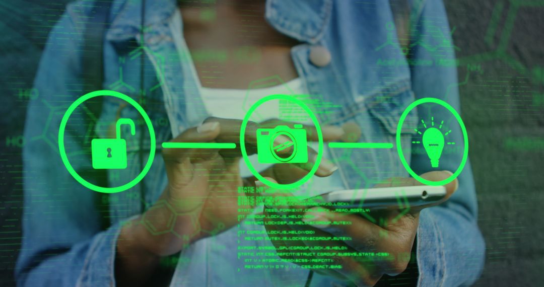 Hands with Smartphone Featuring Digital Tech Icons