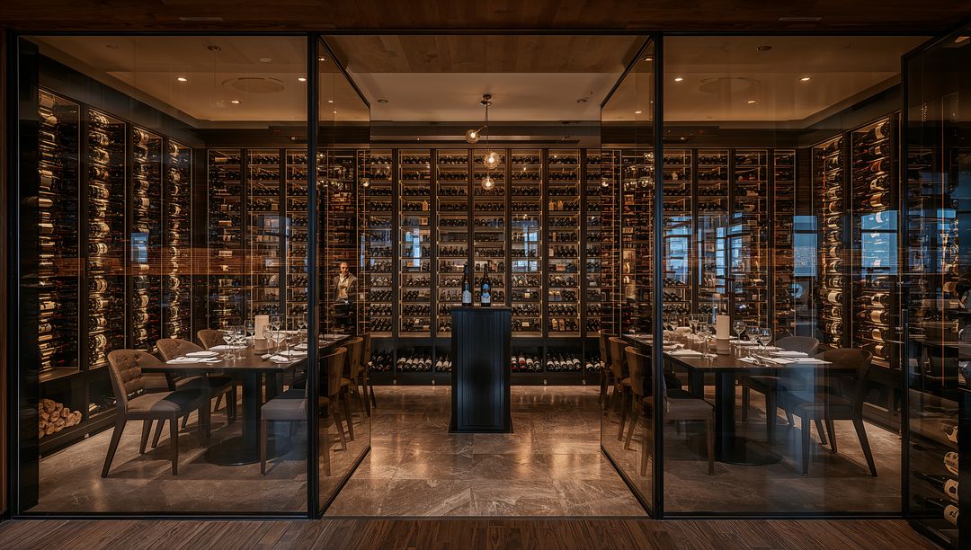 Sommelier arranging bottles in glass-enclosed luxury wine cellar with intimate dining