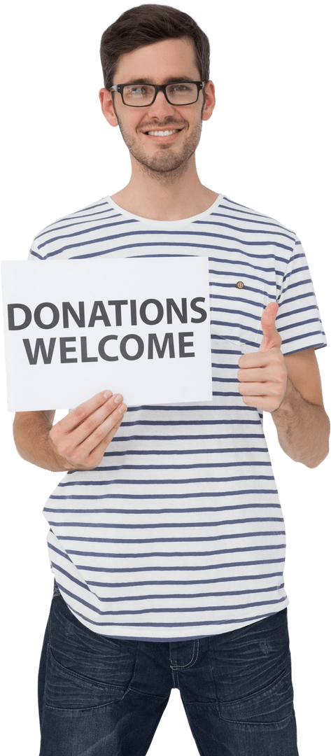 Portrait of Smiling Man Holding Winsome Donations Welcome Sign with Thumbs-Up