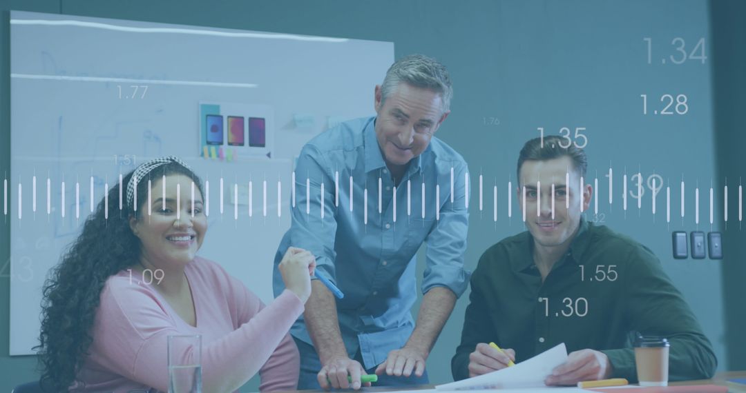 Diverse Team Meeting with Digital Financial Data Overlay