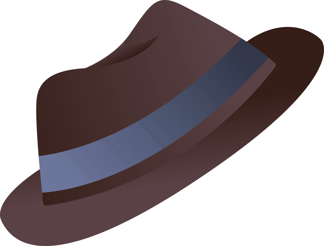 Stylish Floating Brown Fedora Hat with Blue Gray Ribbon on Transparent Background