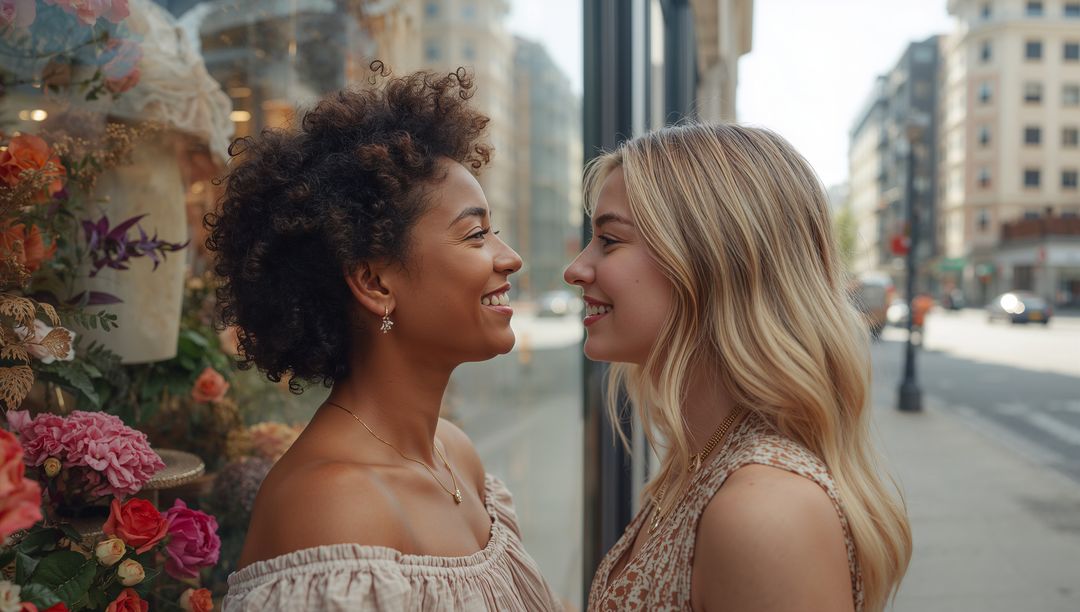 Two women sharing warm smile while standing at floral storefront window wearing blouses