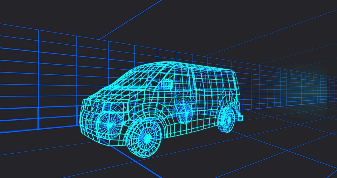Neon Blue Wireframe Van in Virtual 3D Grid Space