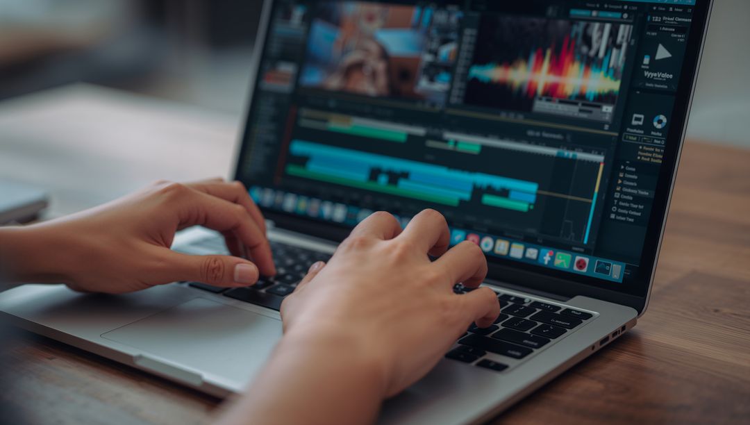 Closeup Hands Editing Multitrack Video Timeline on Laptop Keyboard with Audio Waveform