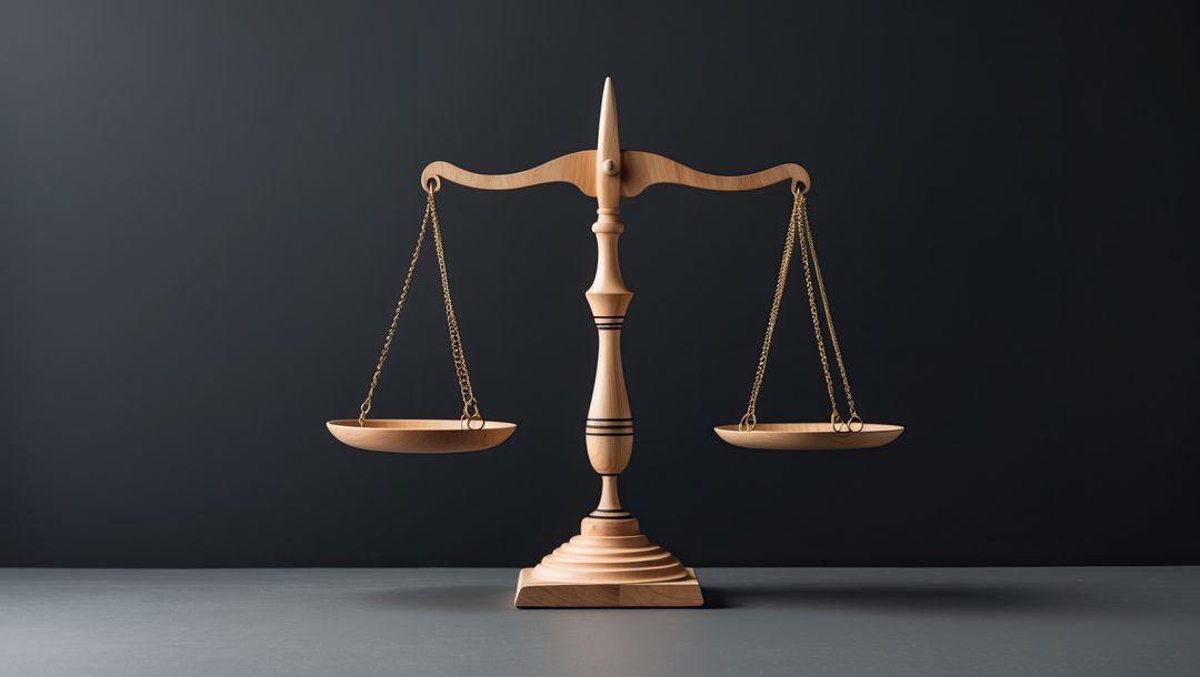 Wooden Balance Scale with Empty Pans Displayed on Grey Table