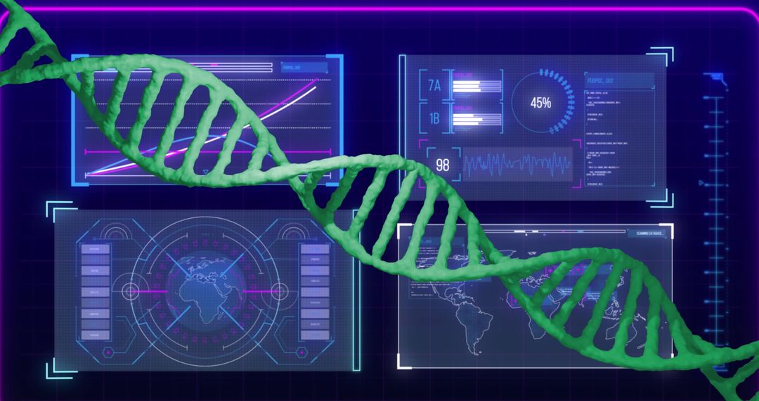 DNA Strand with Futuristic Data Interface on Black Background