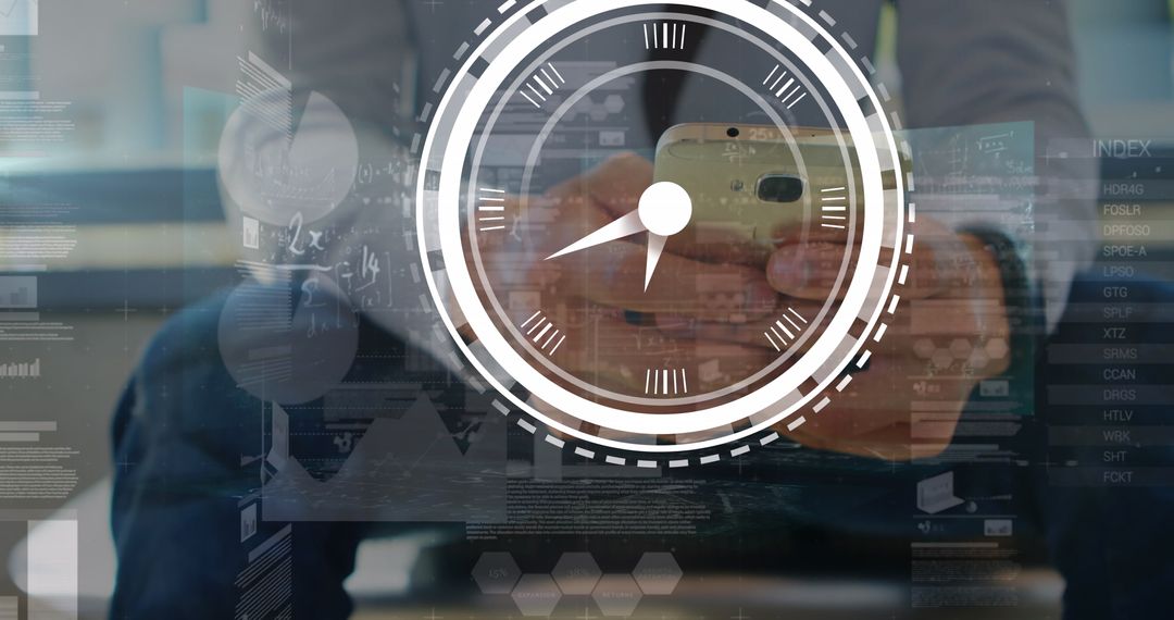 Futuristic Digital Interface with Smartphone and Analog Clock Overlay