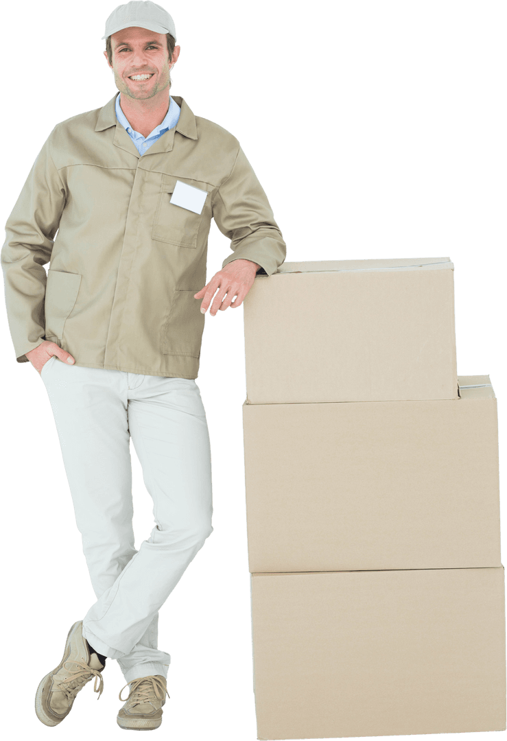 Transparent Delivery Worker Leaning on Stacked Boxes
