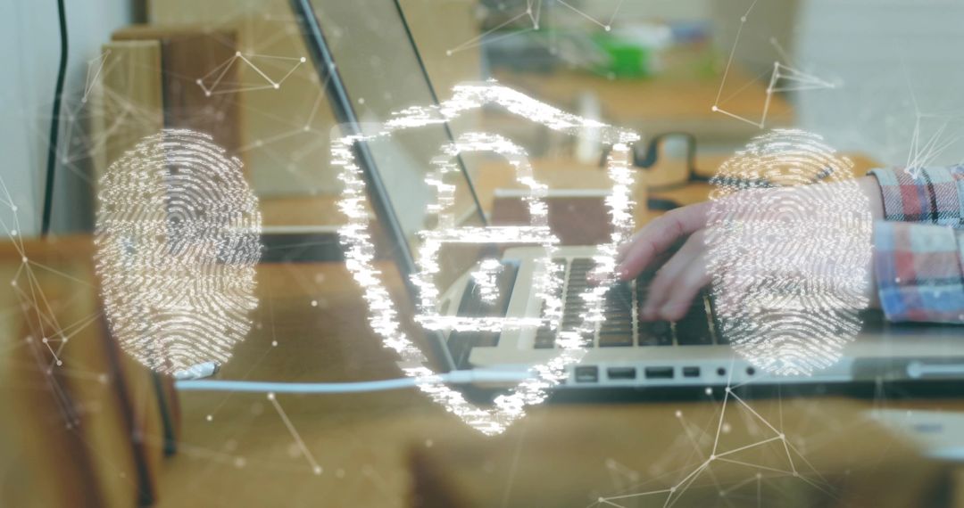 Worker typing on laptop with biometric security shield and fingerprint login overlay