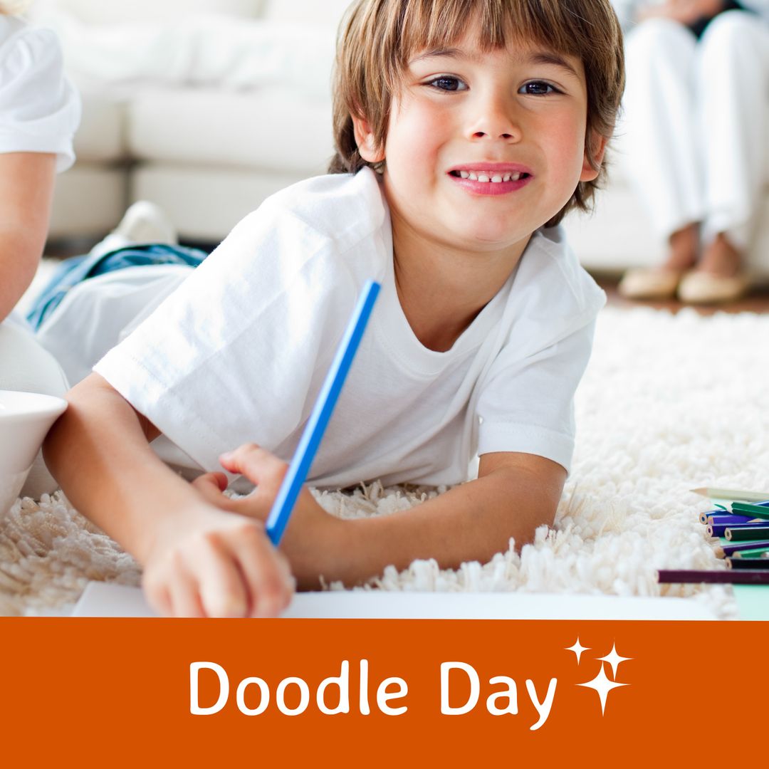 Smiling Young Boy Enjoying Doodle Day Creativity at Home