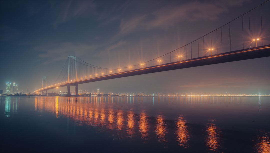 Illuminated Suspension Bridge and Lustrous Cityscape at Night