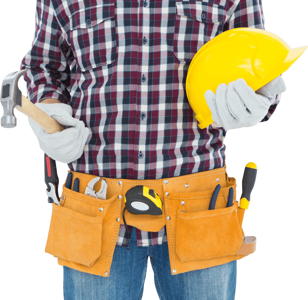 Transparent Handyman with Tools Holding Hard Hat and Hammer
