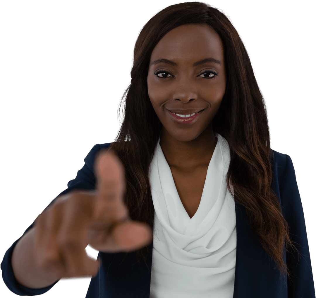 Joyful Businesswoman Interacting with Transparent Touch Screen