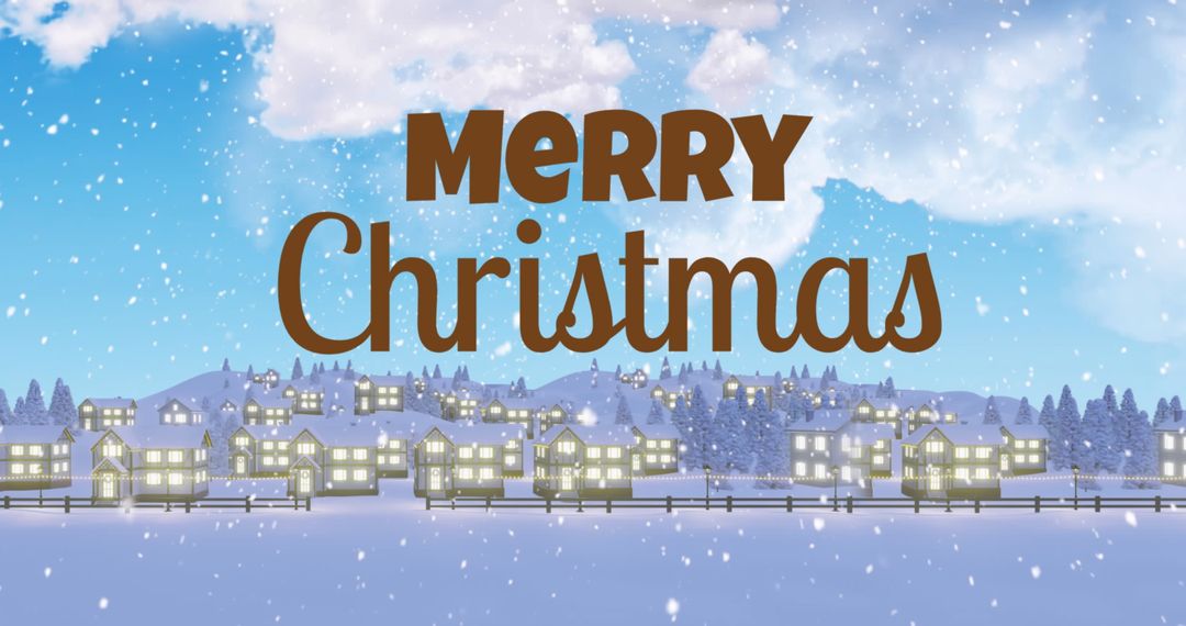 Merry Christmas Text Over Snowy Village Landscape