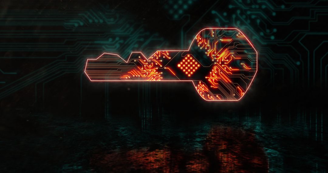 Glowing Futuristic Key with Circuitry on Reflective Surface