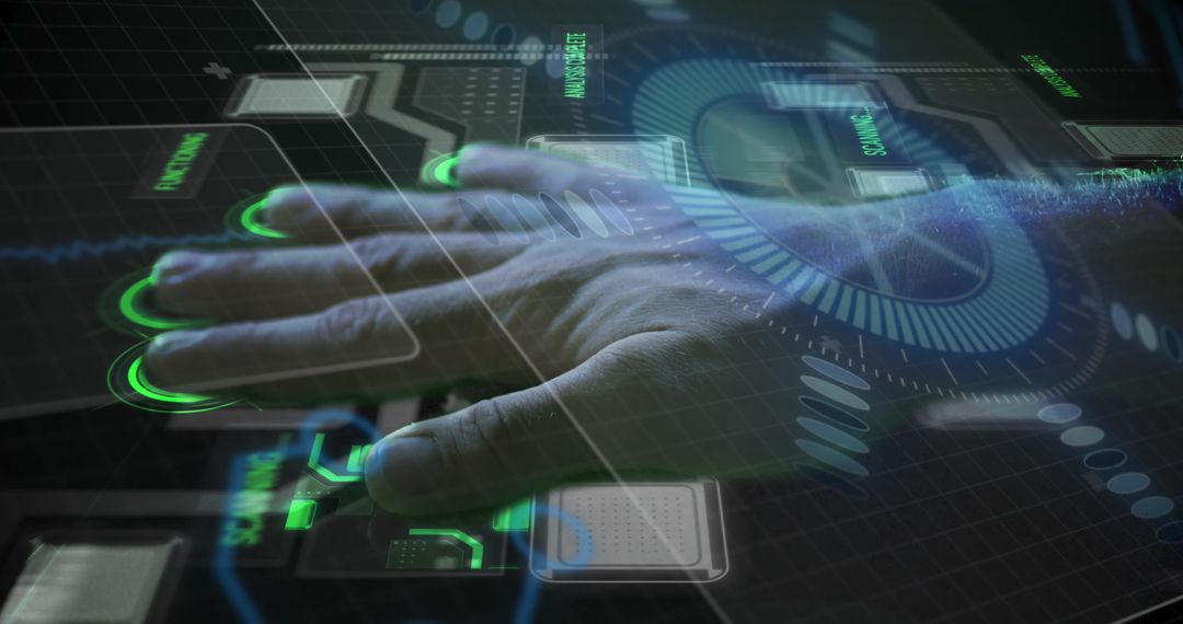 Futuristic Hand Scanning with Digital Interface and HUD Elements
