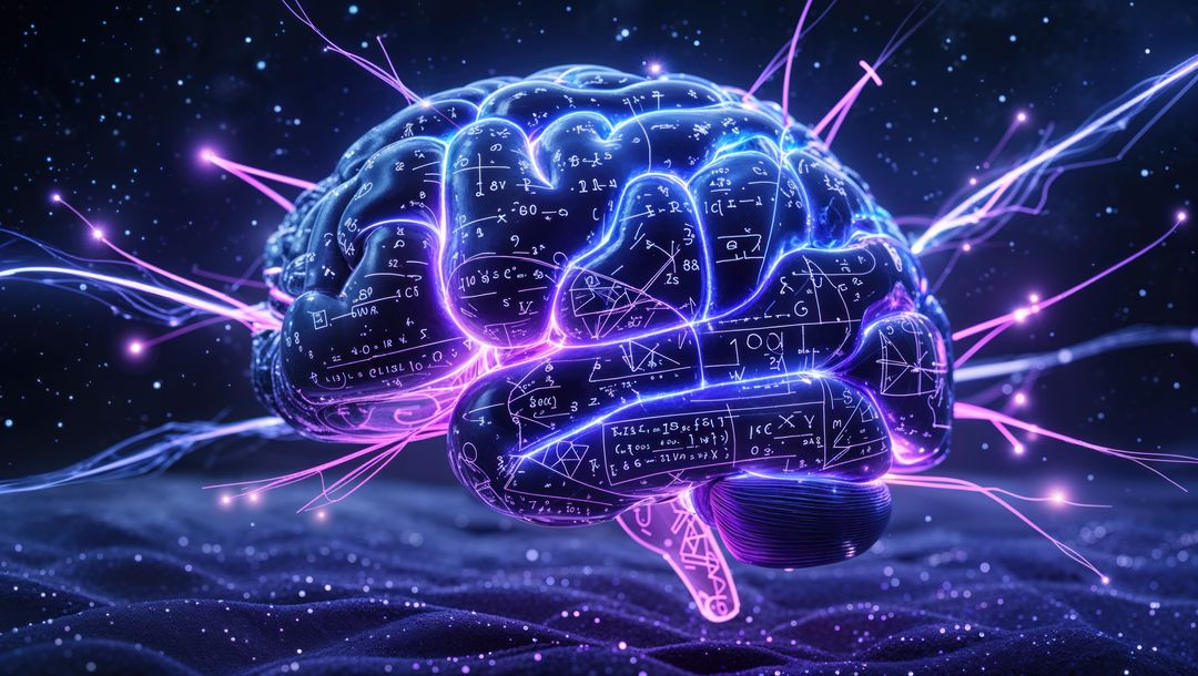 Futuristic Brain with Luminescent Formulas Emerging from Vast Network